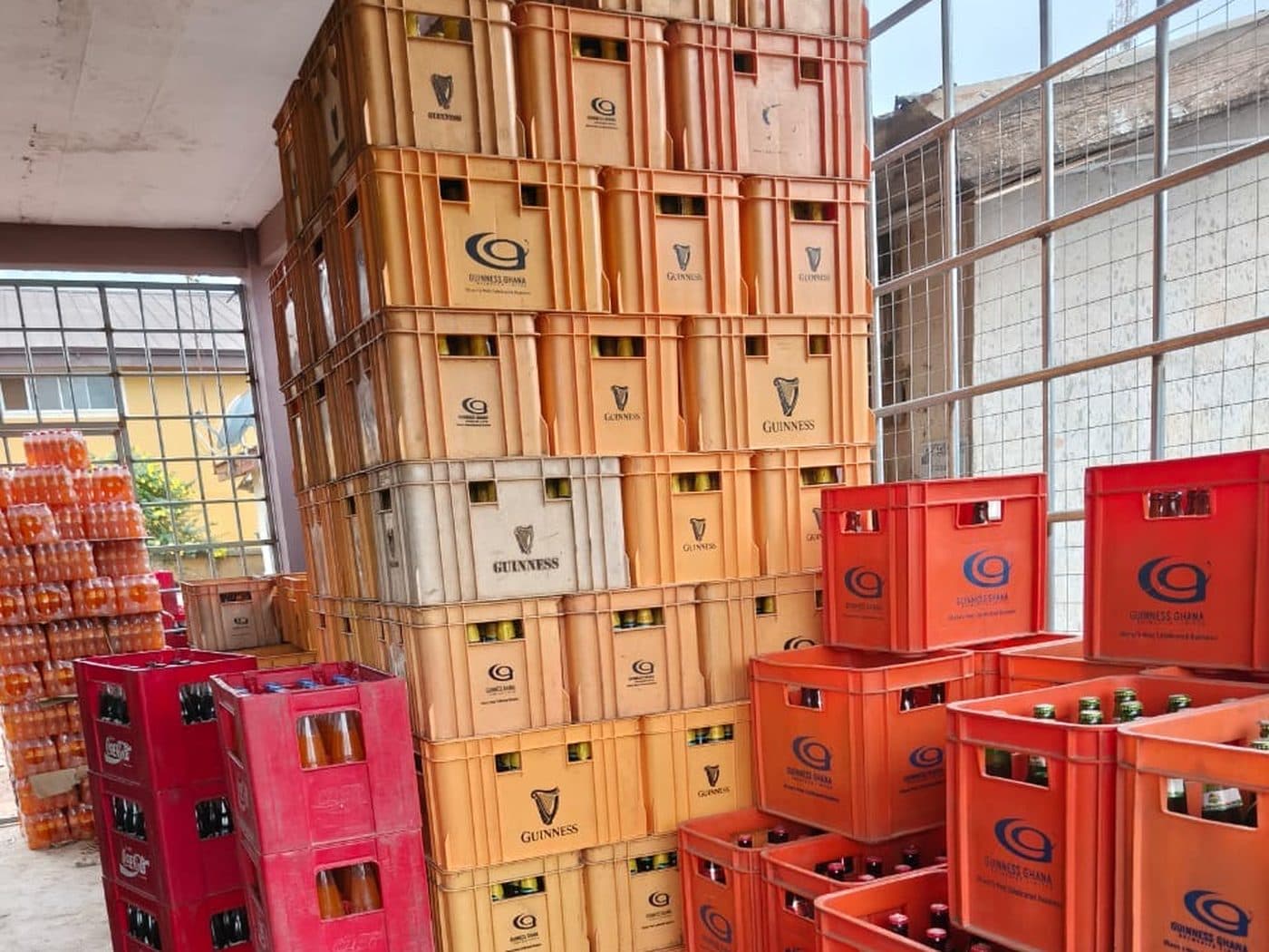 Guinness and beer crates stacked in the store room